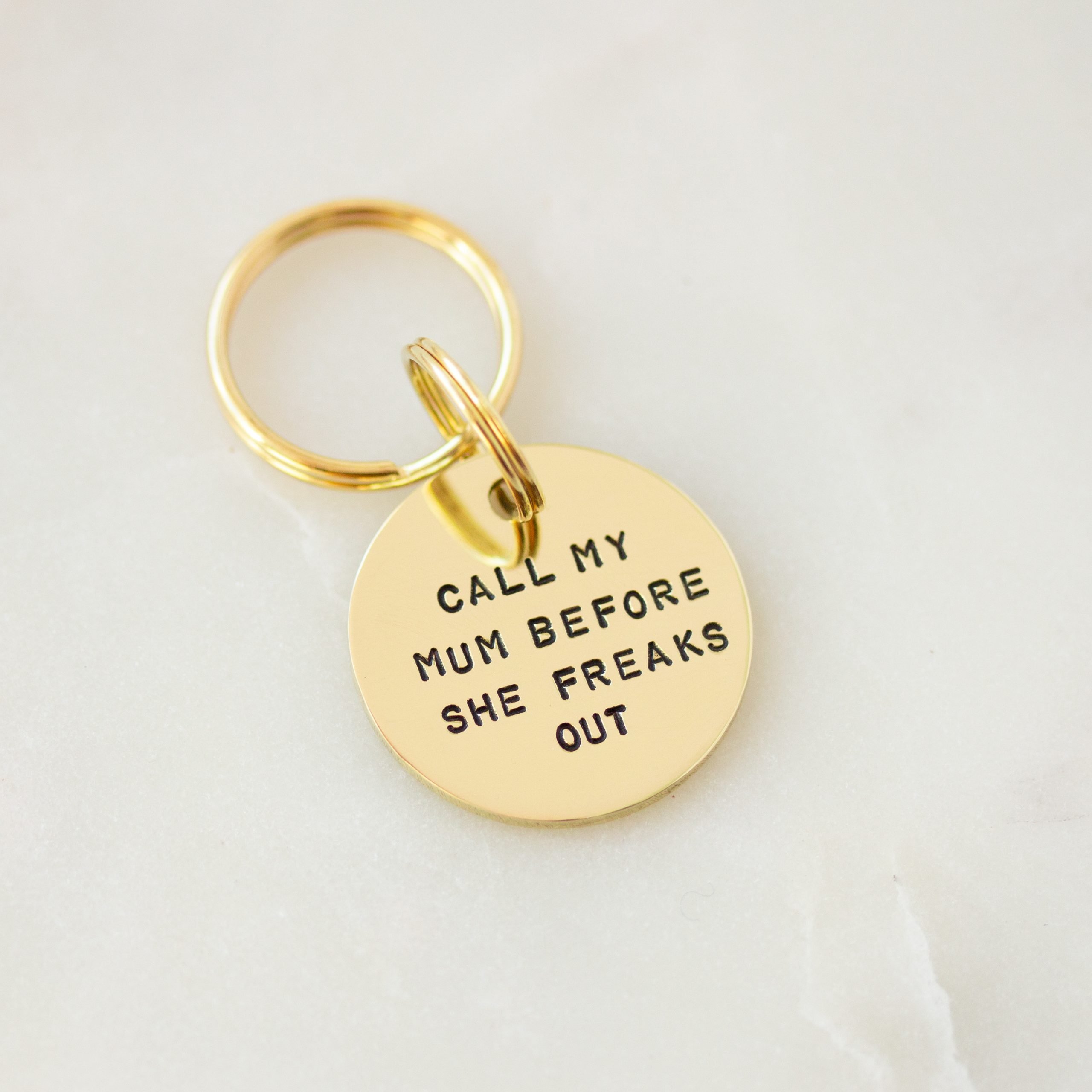 ID Tag - Call my mum before she freaks out - Hand Stamped Brass Dog Tag